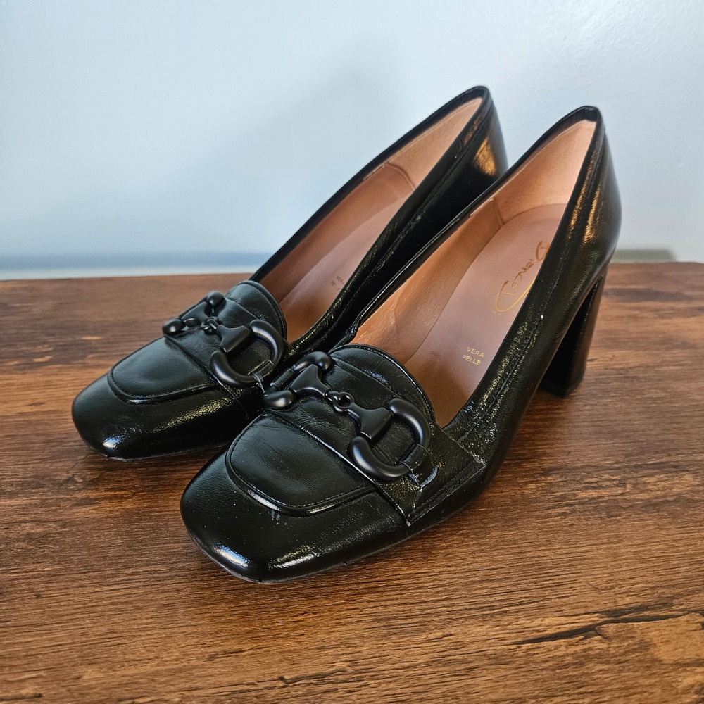 Bianca Di Black Leather Horsebit Loafer Pumps Square Toe Block Heel Made Italy 8